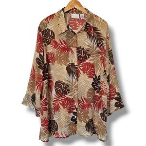 Alfred Dunner Leaf Print Button Up Blouse Size 22W Beige Red Brown Lightweight